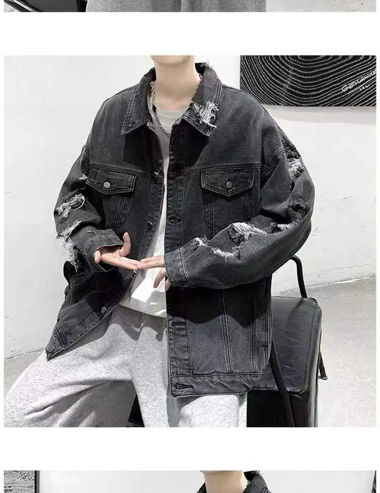 Spring Autumn Ripped Denim Jackets Men's Causal Loose Oversize Handsome High Street Overcoat Men Tops Male Clothes