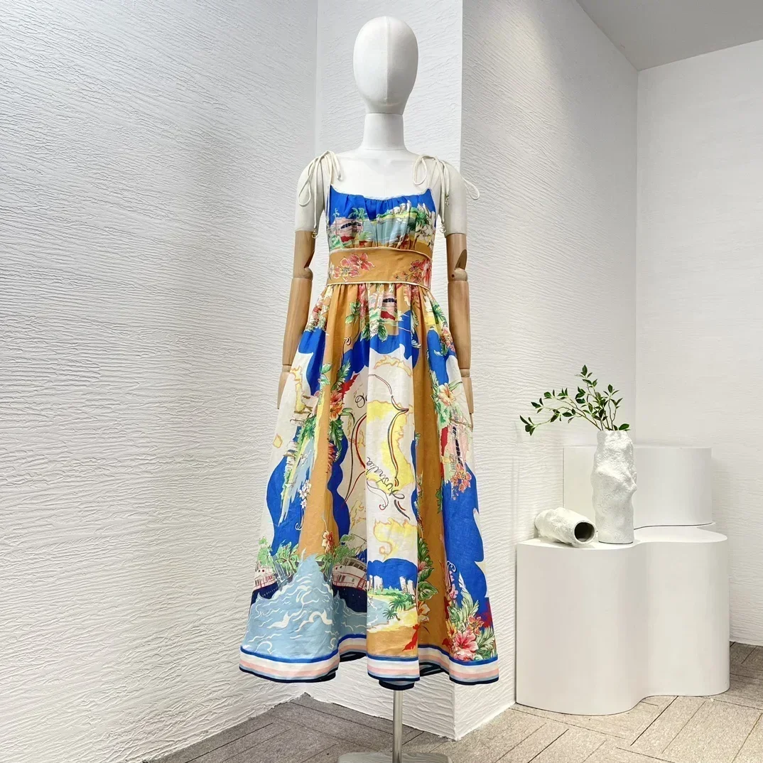

2023 Beach Style New Fashion Collection Clothing Linen Sleeveless Shirred Floral Print Lace-up Straps Women Casual Midi Dress