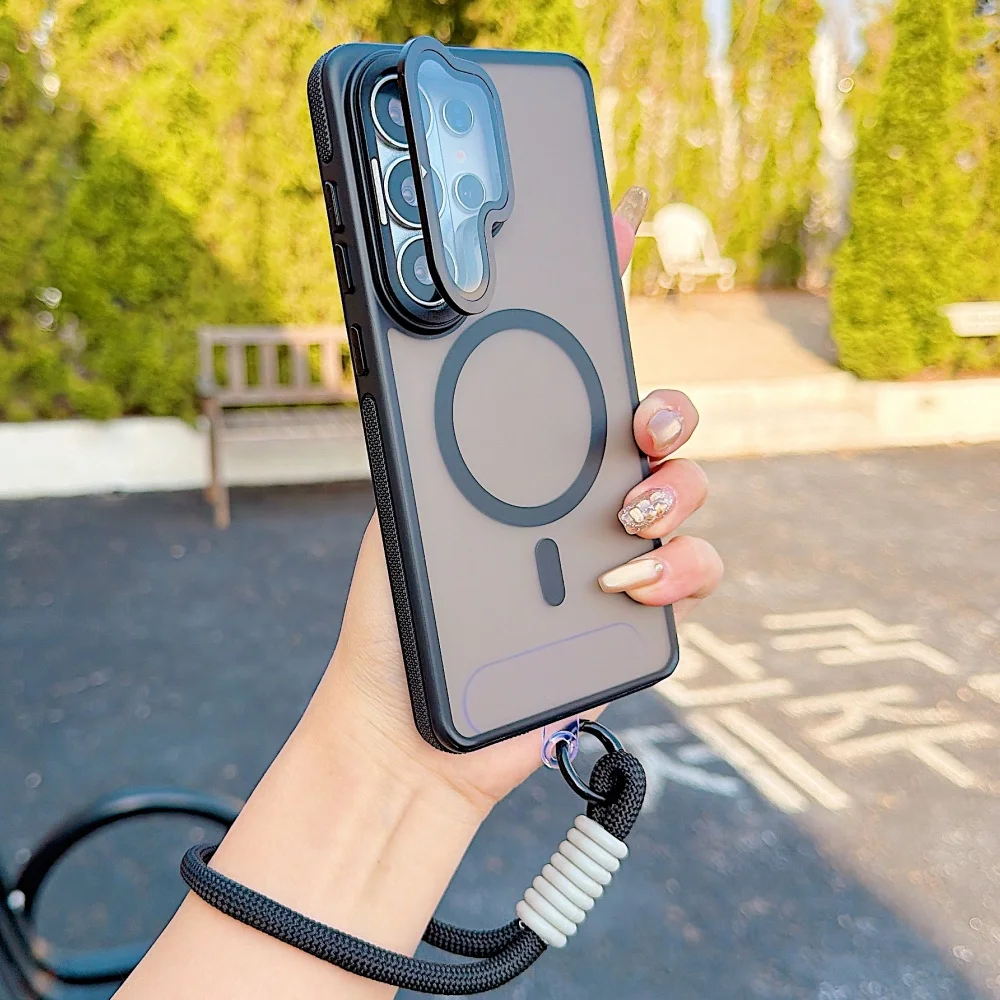 Matte Magnetic Wireless Charging Case with Foldable Lens Stand and Wrist Strap Lanyard