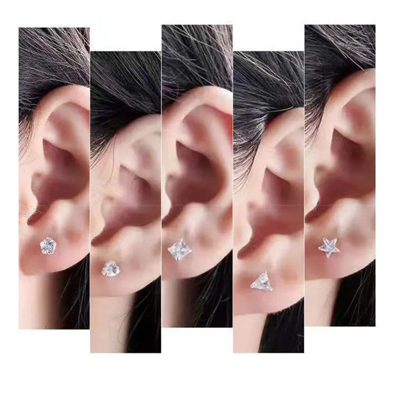 

925 Sterling Silver Heart Flower Stud Earring Fashion Cute Tiny Clear Crystal CZ Round Star Earring For Women Teens Fine Jewelry