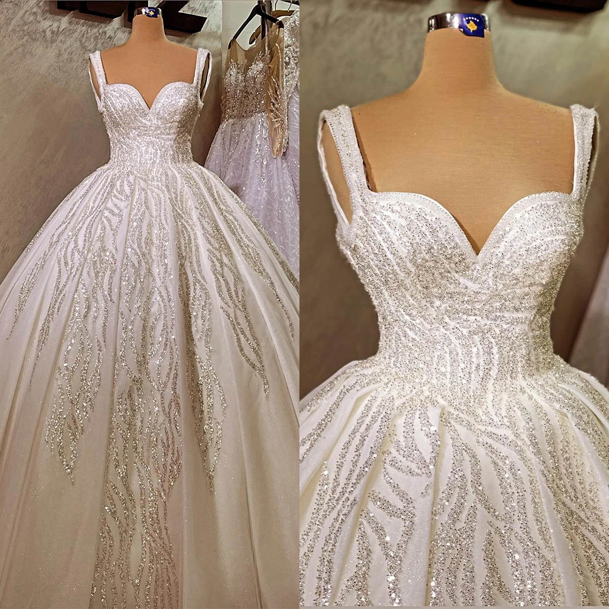 

Classic A-Line Wedding Dress For Women Sequins Sweetheart Bridal Gown Strap Sleeveless Sweep Train Backless Skirt Customize