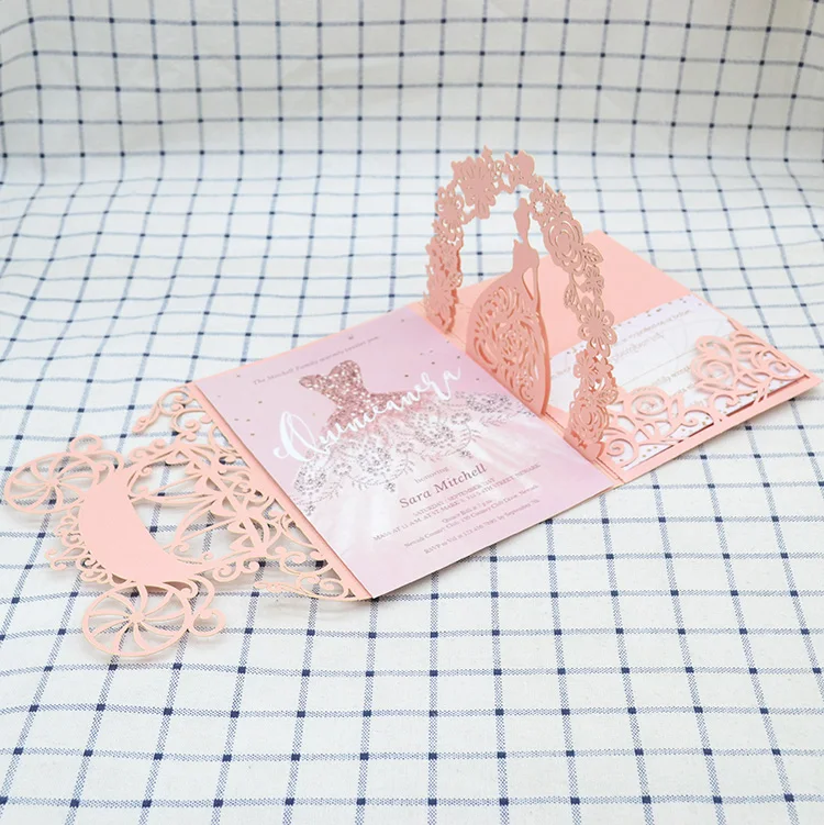 60pcs Quinceanera Decoration Cinderella Carriage Laser Cut Pop Up Princess Dress 3D Birthday Invitations