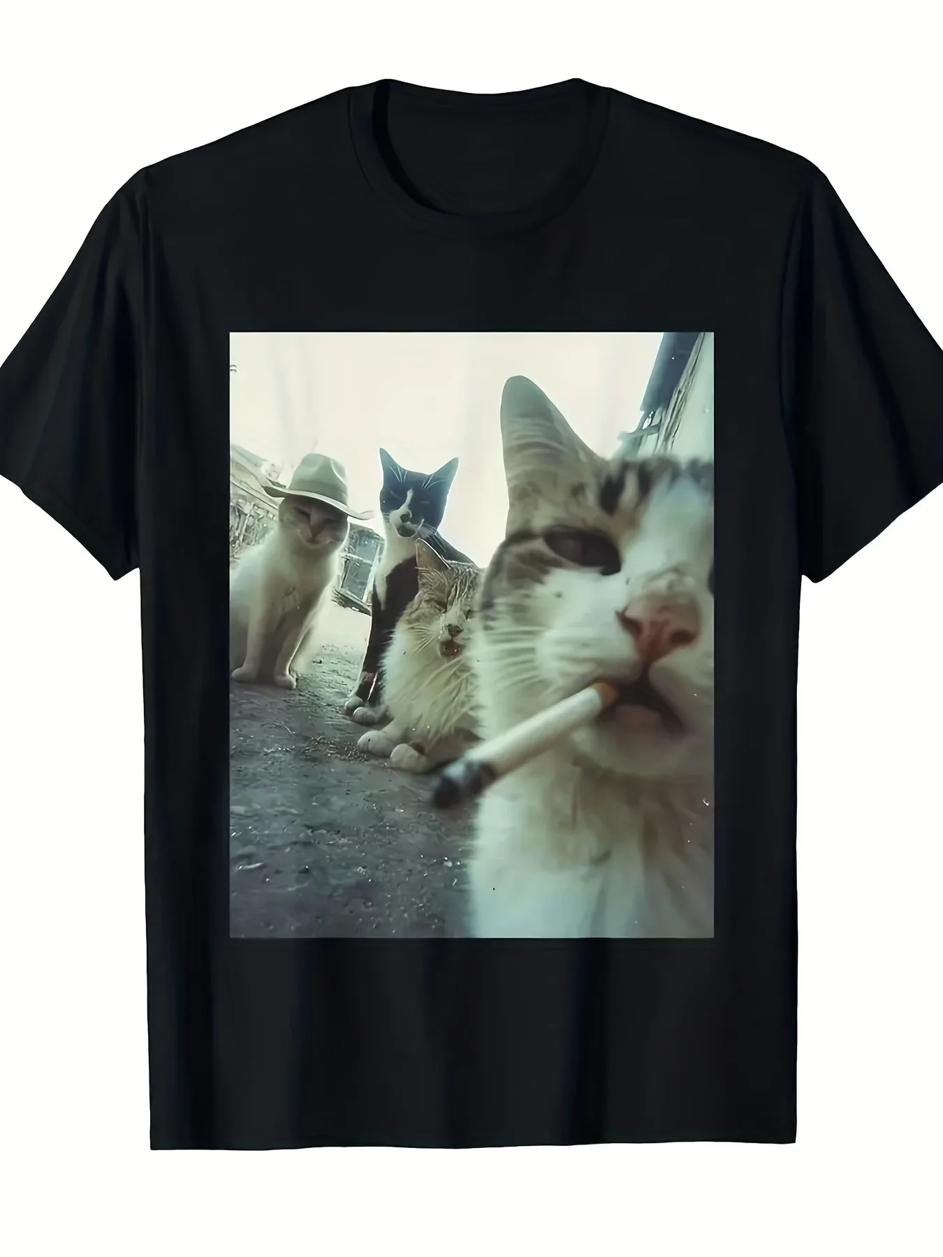 Gangster Cool Cats Selfie Retro Film Print T-Shirt Lustiges rauchendes Kätzchen Haustier Unisex Casual Streetwear Kurzarm-Grafik-T-Shirt