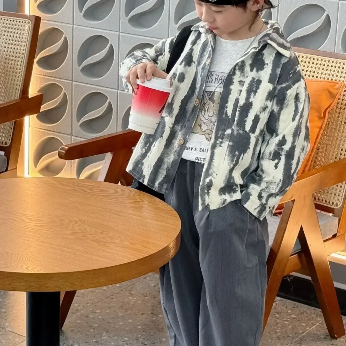Children's Denim Cotton Shirt Spring Autumn Baby Boys Shirt Tie Dye Full Print Single Breasted Coat School Uniform for Boys