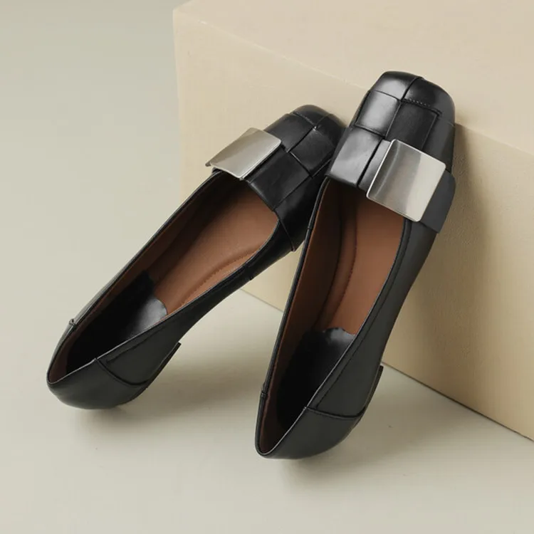

2023Autumn New Flats Black Leather Shallow Slip On Moccasins Weaved Square Toe Casual Espadrilles Metal Buckle Lady Creepers