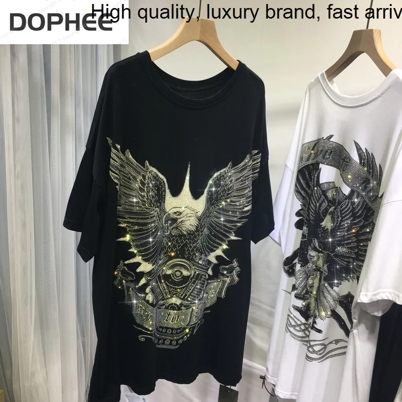 

Diamond T-Shirt Queen for Women Domineering Eagle Big Wings Back Hot Drilling Loose O-neck Short Sleeve Mid-long Streetwear Tops