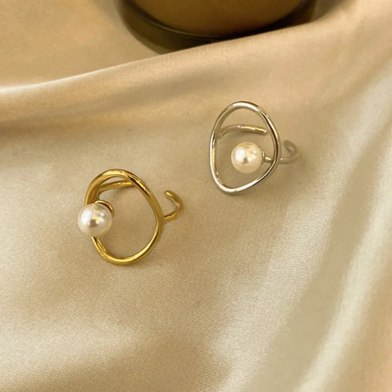 Geometric Hollow Simulated-pearl Ring for Women Silver Color Simple Line Open Rings Jewelry Accessory