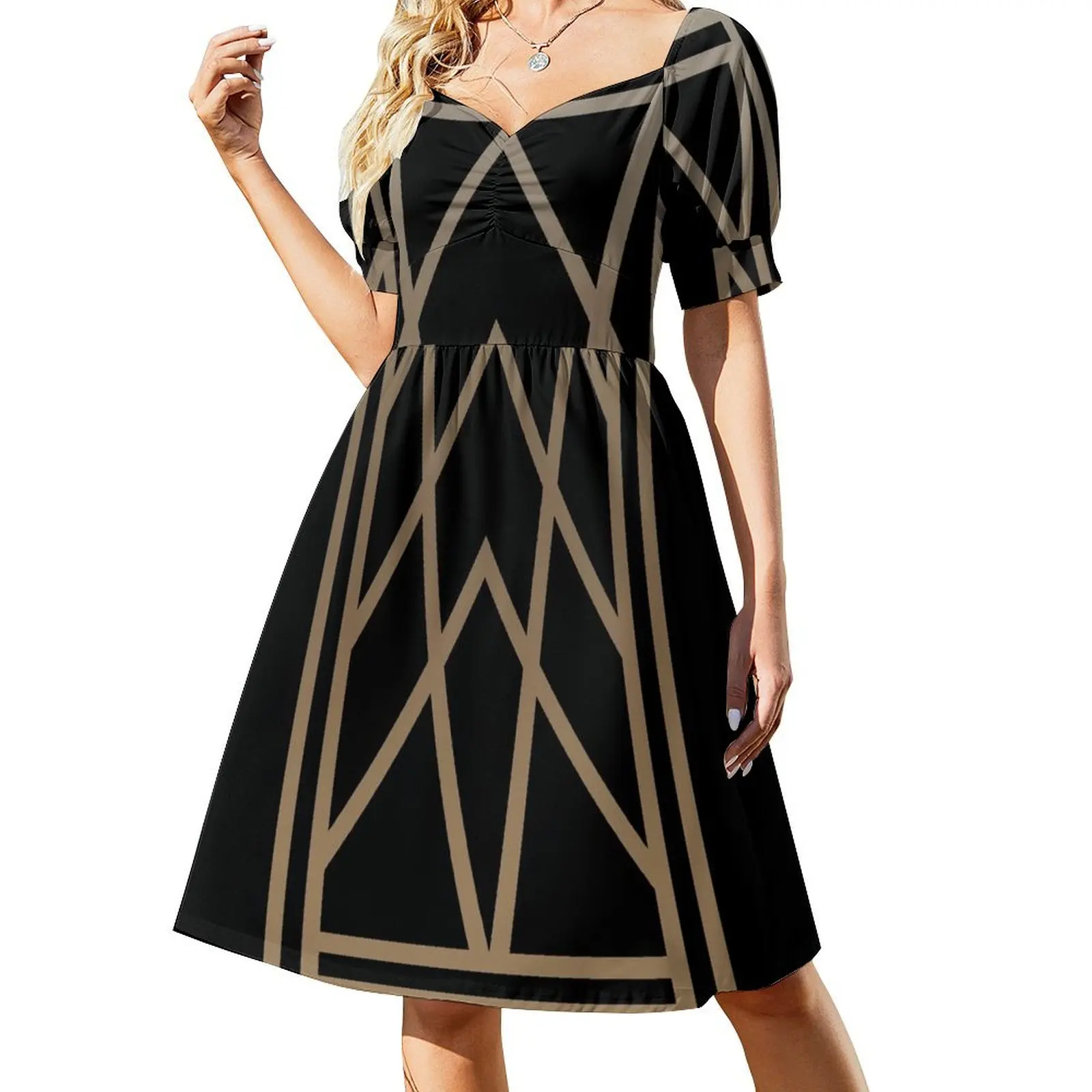 Vestido elegante de manga corta con estampado artístico en negro y dorado para mujer, vestido de fiesta de lujo con promoción.