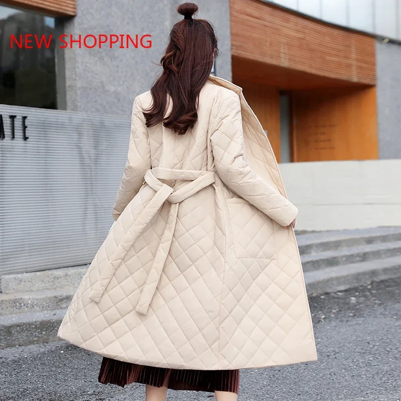 Jacket for Women 2024 Long Winter Coat Rhombus Pattern Casual Sashes Women Parkas Deep Pockets Tailored Collar Coat Female Parka