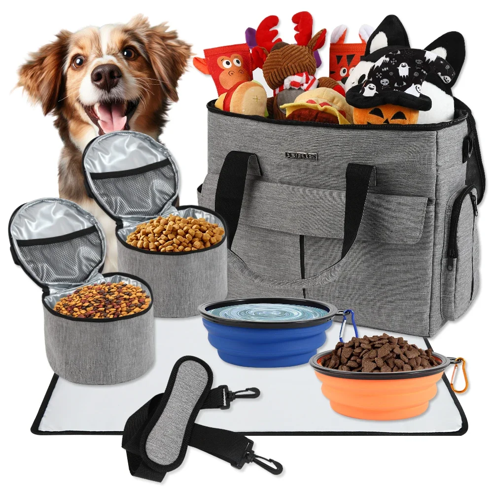 Large 5 PCS Dog Travel Bag for Supplies, Weekend Pet Travel Set , Airline Approved Tote Organizer with Multi-Function Pockets