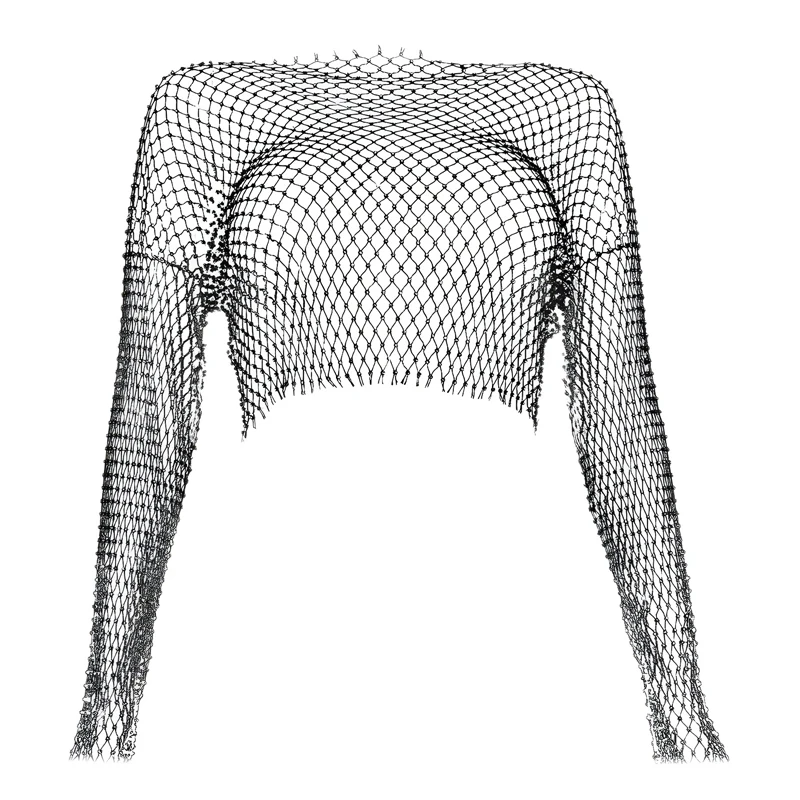 Black Shirts for Women Summer Swimming Wear Bikini Covers Long Sleeve Hollow Out Sexy Short Tops Sequned Bling T Shirts 2025 New