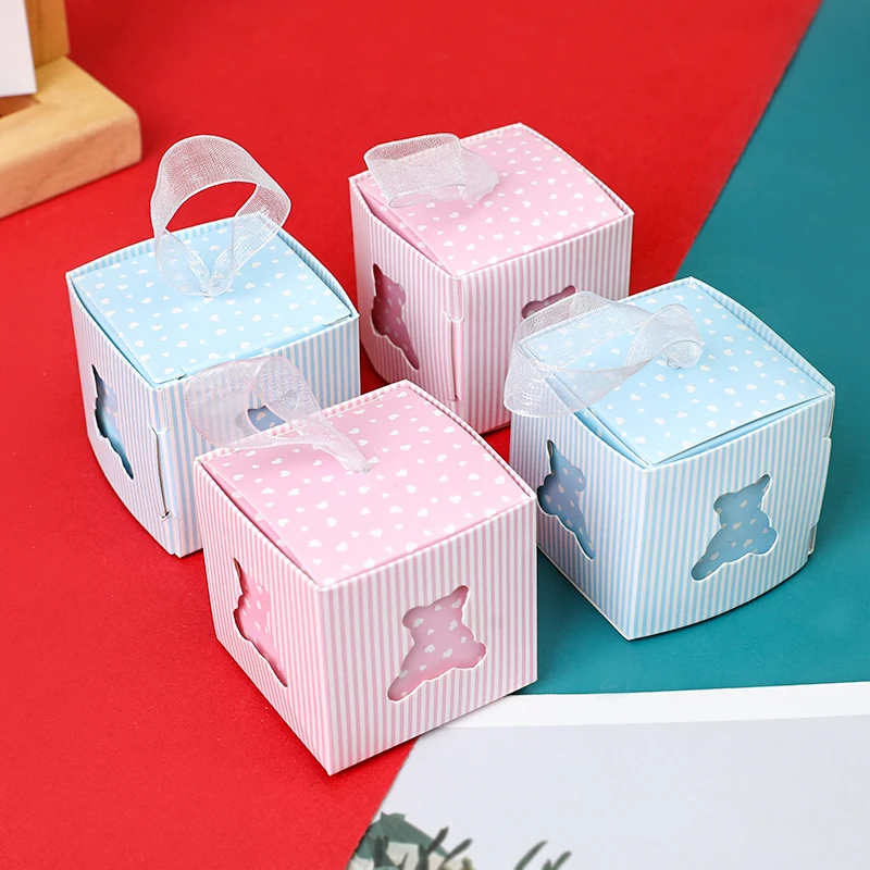 10 stücke Cartoon Aushöhlen Bär Candy Box Mit Bändern Blau Rosa Geschlecht Offenbaren Süßigkeiten Geschenk Verpackung Box Baby Dusche party Dekoration – Detail 11