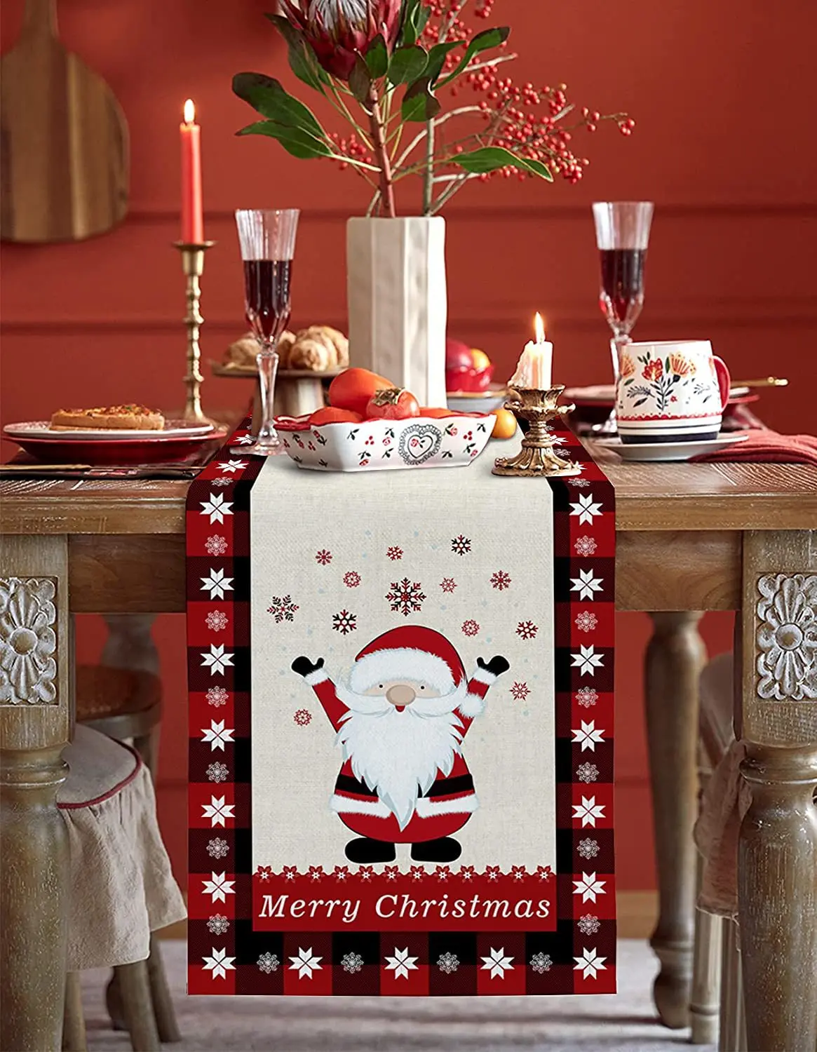 

Christmas Table Runner Xmas Linen Table Flag Merry Decorations Tablecloth For Home With Santa Claus Pattern Printed