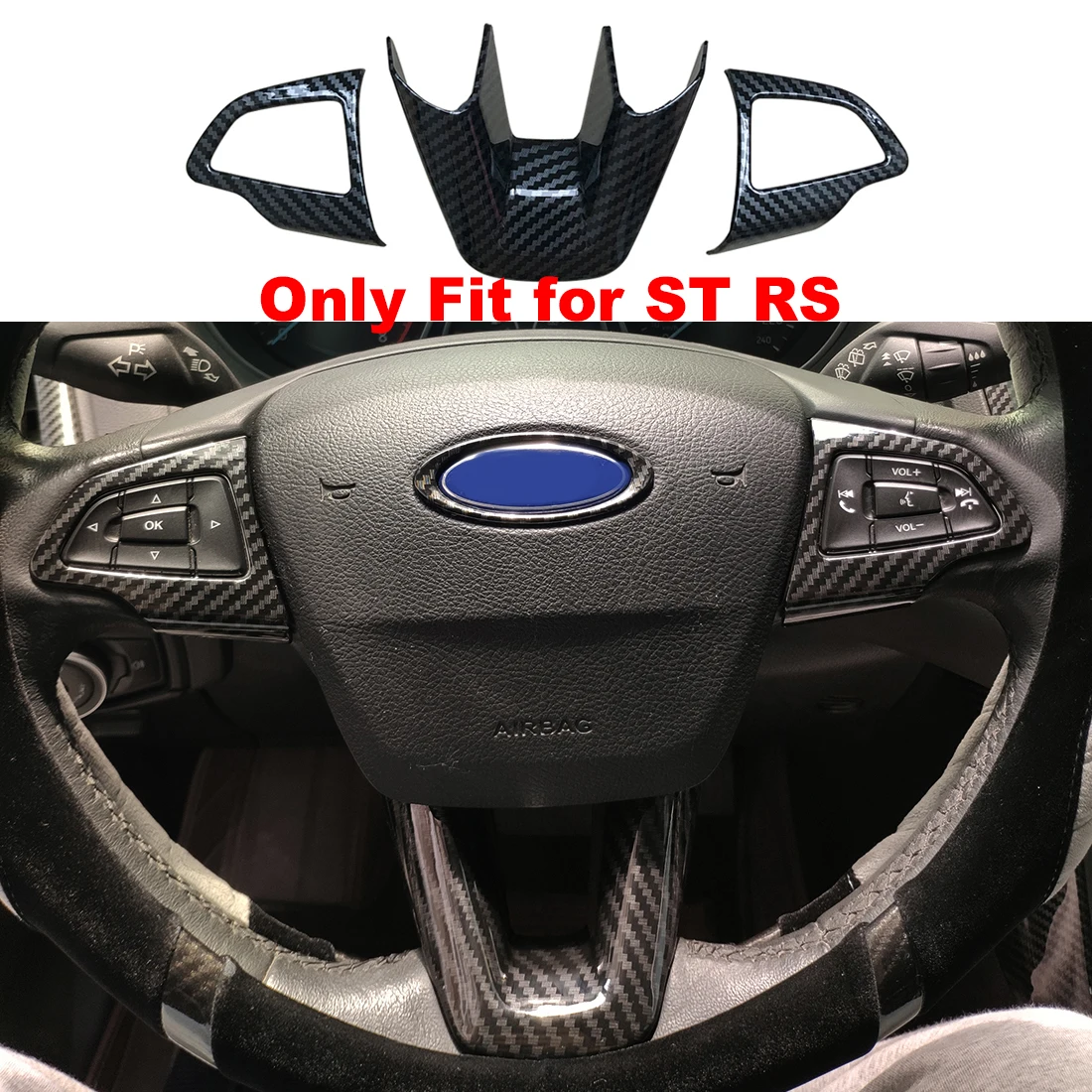 3Pcs Carbon Fiber Color Steering Wheel Cover Trim Fit For Ford Focus Rs St