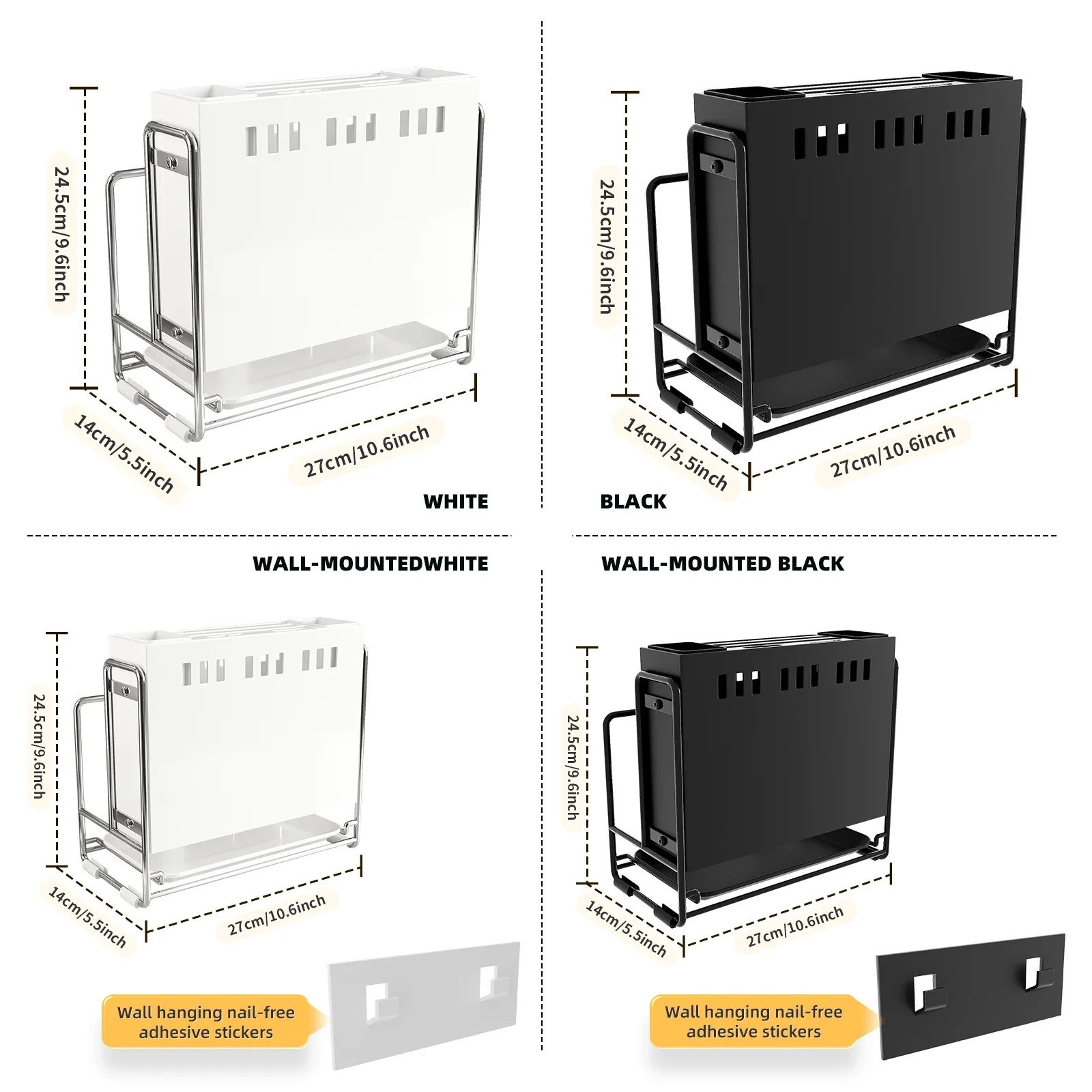 Kitchen Knife Storage Rack,Wall mounter and Punch Free,Stainless-Steel material,Black white 6