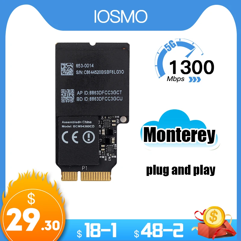1750 Мбит/с Двухдиапазонная беспроводная карта 2 4 ГГц/5 ГГц BCM94360CD 802.11AC Bluetooth-compatible4.0