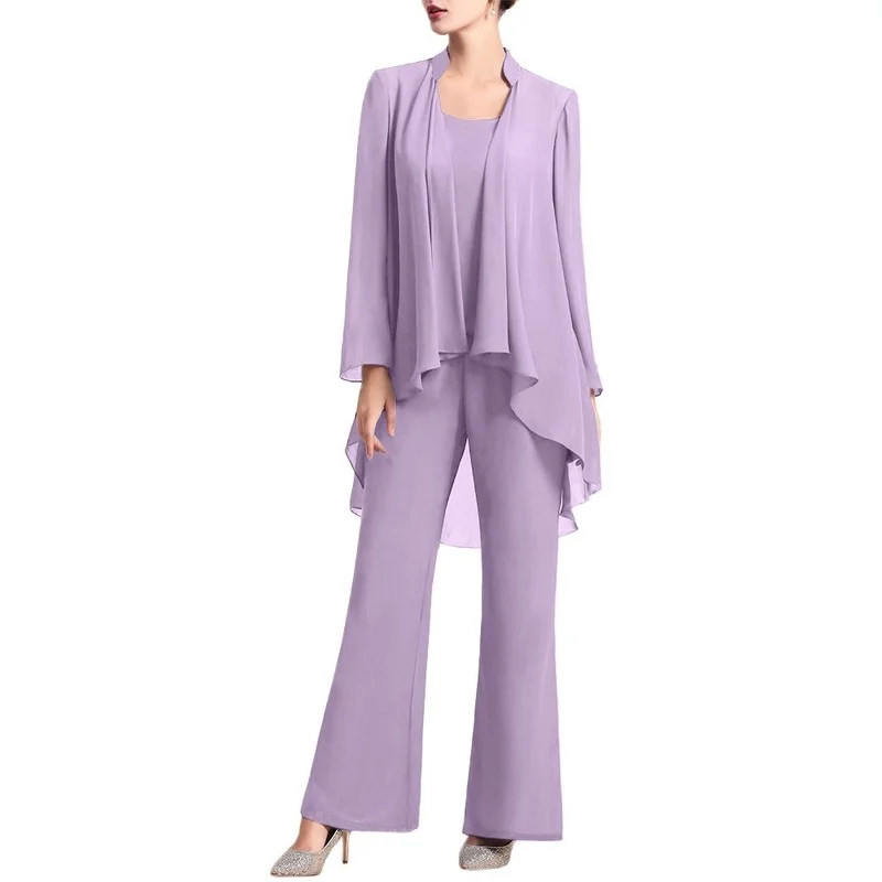 

Women Chiffon Three-Piece Suit Women Long Sleeve Cardigan Long Coat Sleeveless O-Neck Vest High Waist Flared Pants Trousers Suit