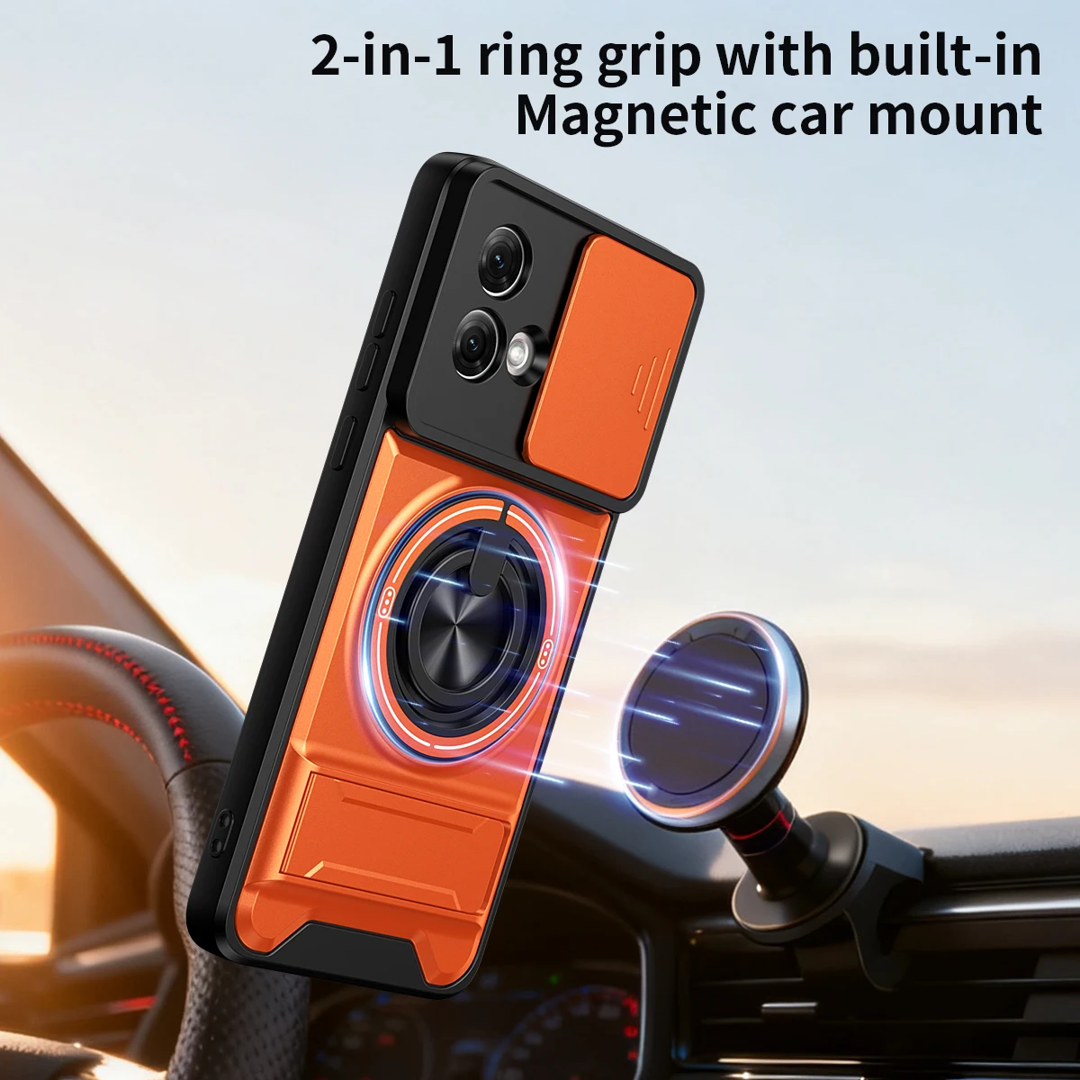 Rotating Magnetic Ring Holder Phone Case with Lens Slide and Kickstand Cover