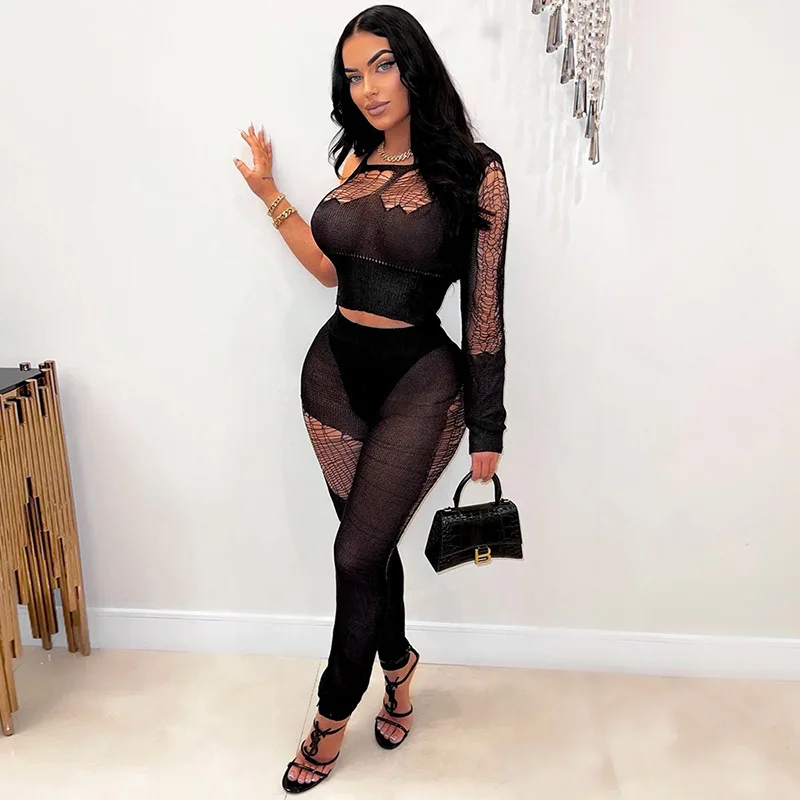 

Zabrina New In Black One Shoulder Long Sleeved Top Slim Hollow Out Hole Skinny Long Pants Women's Summer Trouser Rave Outfit