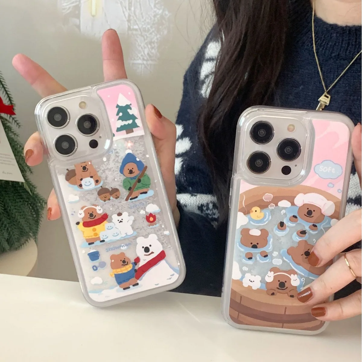 

Shockproof Liquid Glitter Phone Case, Glitter Clear Cover, Snowflakes, Bear, Cute, Flowing, Sand, Cartoon, 15, 14, 13, 12 Pro Ma