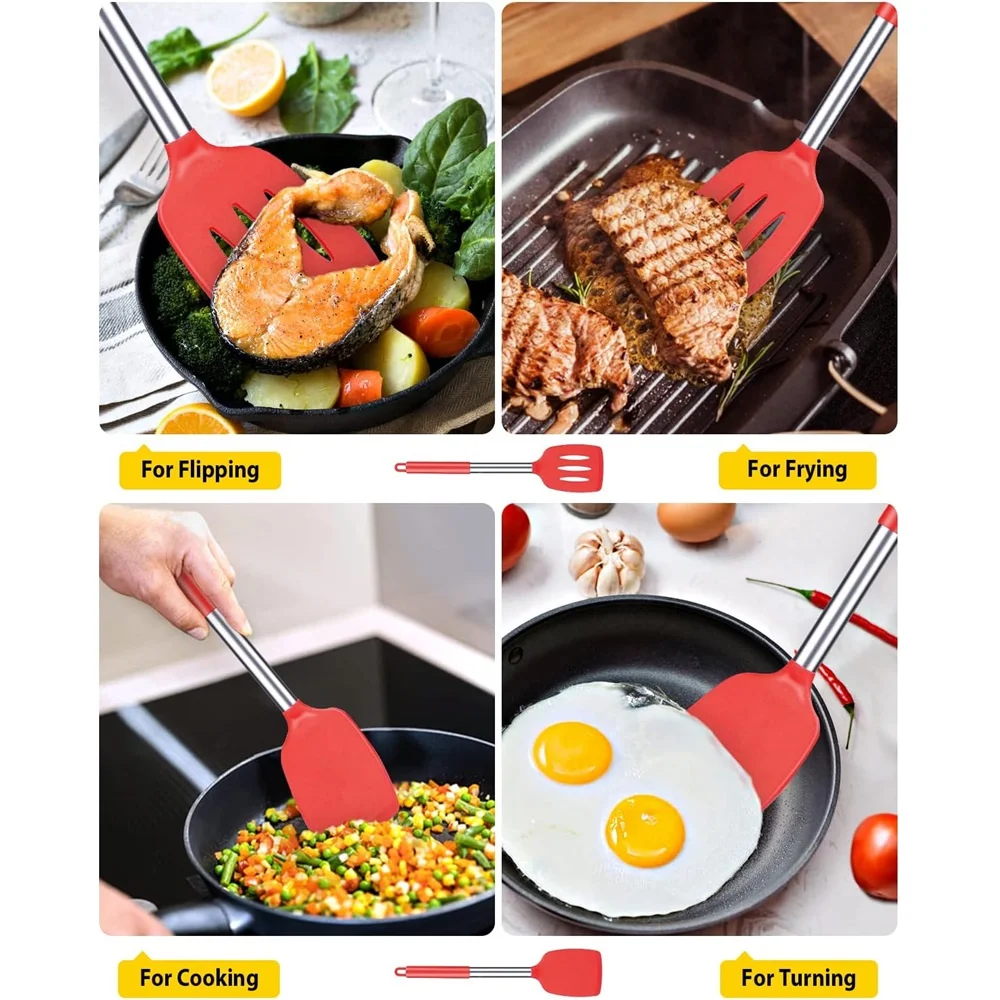 2 Pieces Silicone Spatula Kitchen Cooking Utensils Stainless Steel Tight Spatula Leaky Non-stick Cookware Kitchen Tools