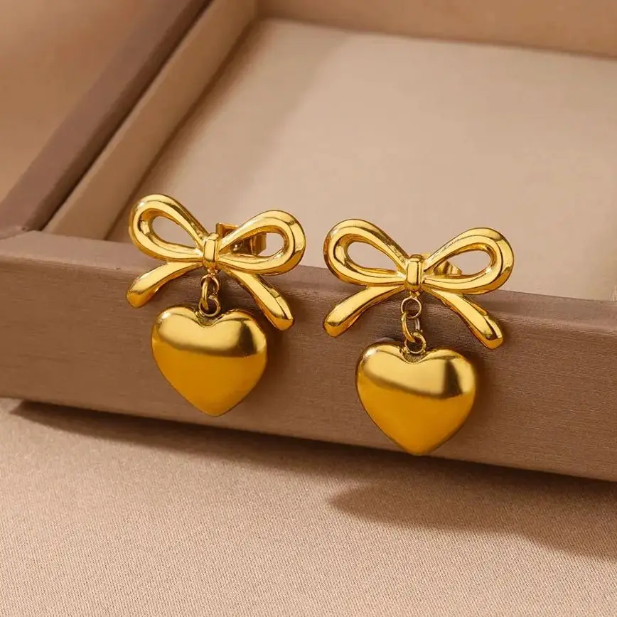 Stainless Steel Bow and Heart Earrings for Women