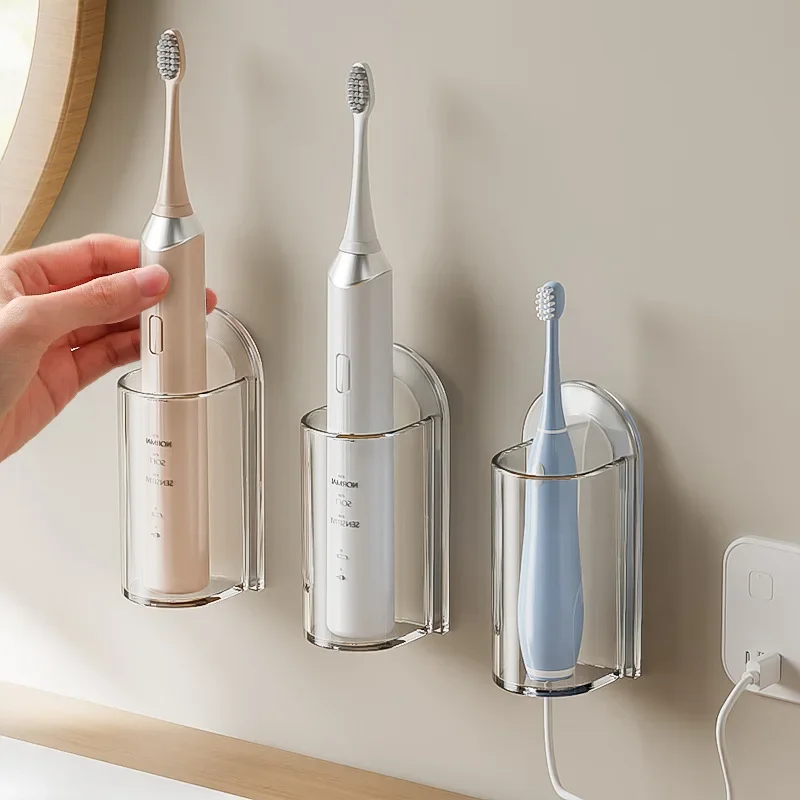 Self Adhesive Electric Toothbrush Holder Punch-Free Wall Mount Tooth Brush Rack Bathroom Organizer Holder Toothbrush Holder Bathroom Storage Rack Wall Mounted Storage Hook