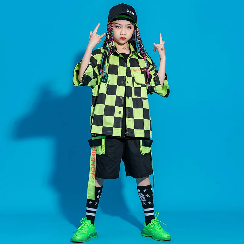 

Boys Street Dance Girls Plaid Shirt Hip Hop Loose Summer Clothes Sets Kids Jazz Cargo Shorts Outfits Teens Costume Streetwear