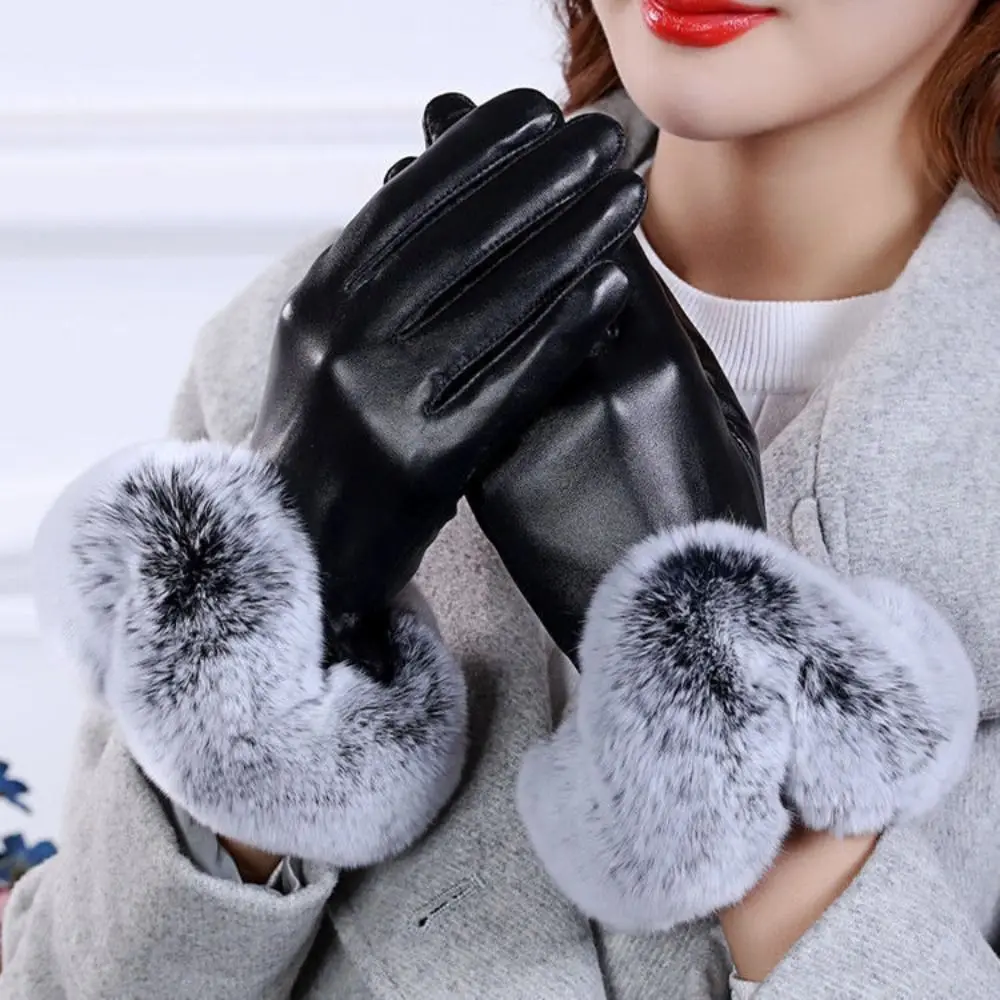 

Waterproof Windproof Plus Velvet Faux Fur Gloves Touch Screen Mittens PU Leather Cashmere Gloves