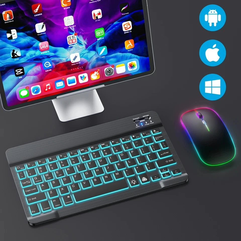 RGB Bluetooth Keyboard And Mouse Set Mini Wireless Keyboard and Mouse Kit Rechargeable Russian Keyboards 10 Inch For iPad Tablet
