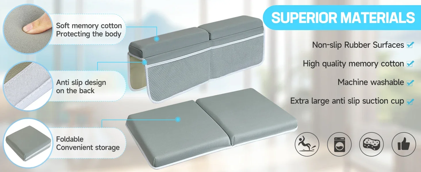 Gray and white bath kneeler pad with elbow rests on tiled floor, for baby bathing comfort.