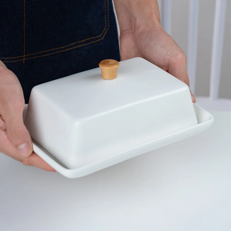 Ceramic bamboo wood butter dish with lid, cross-border rectangular Western style butter storage box set, bread and box