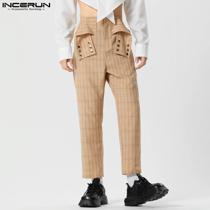 

INCERUN 2023 American Style New Mens Pantalons Checkered Design Trousers Casual Streetwear All-match Narrow Leg Long Pants S-5XL