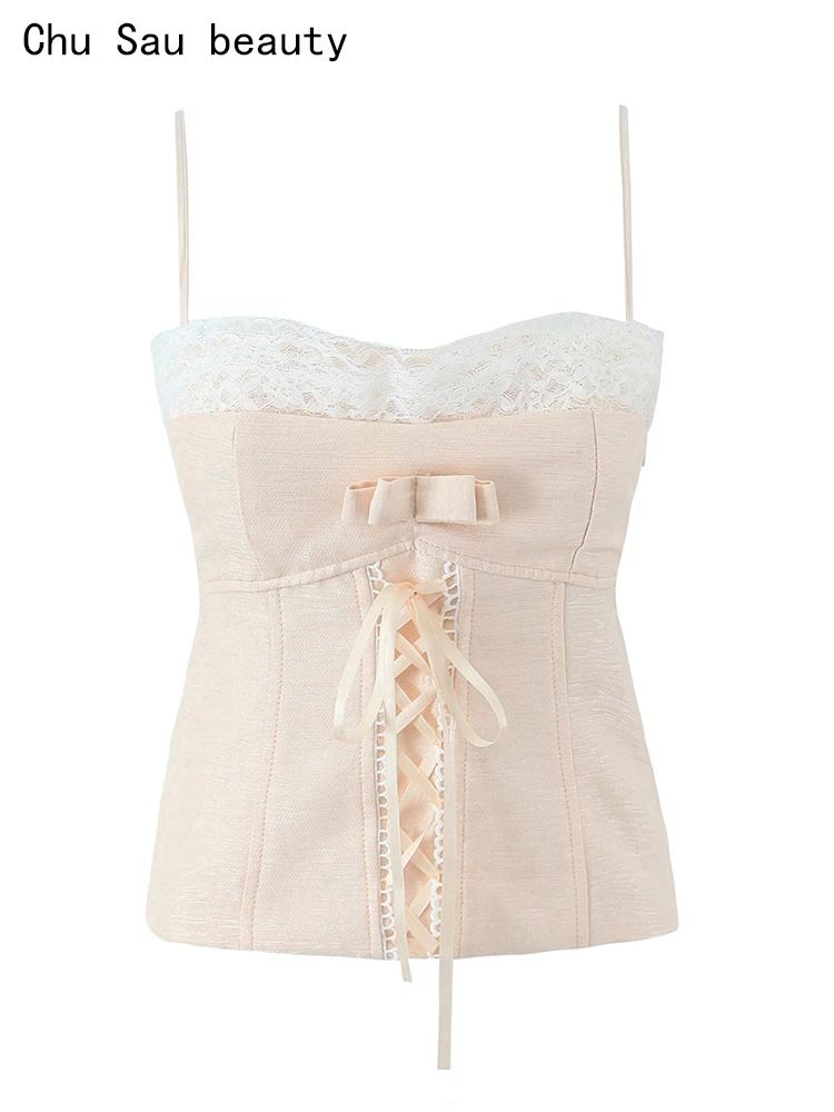 

2024 Women Summer Vintage Patchwork Bow Tie Cropped Tank Tops Fashion Square Collar Sleeveless Backless Female Casual Chic Tops