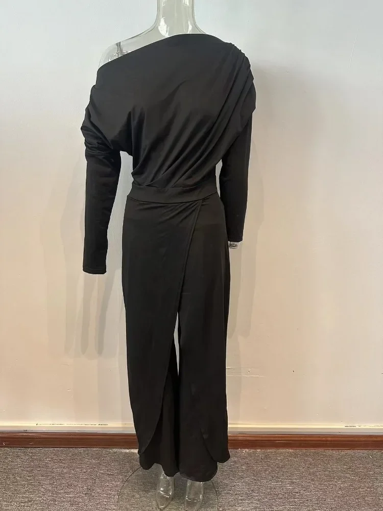 Elegant Jumpsuits for Women Spring New Plain Elegant Office Lady Loose Ruched Cold Shoulder Split Hem Wide Leg Jumpsuit OFE04