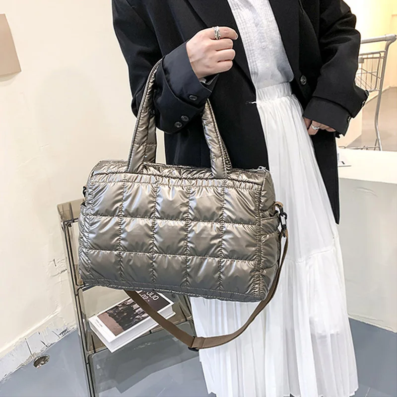 

Winter Spring Women Space Padded Nylon Shoulder Messenger Bag Solid Color Large Capacity Zipper Top-handle Tote Bags