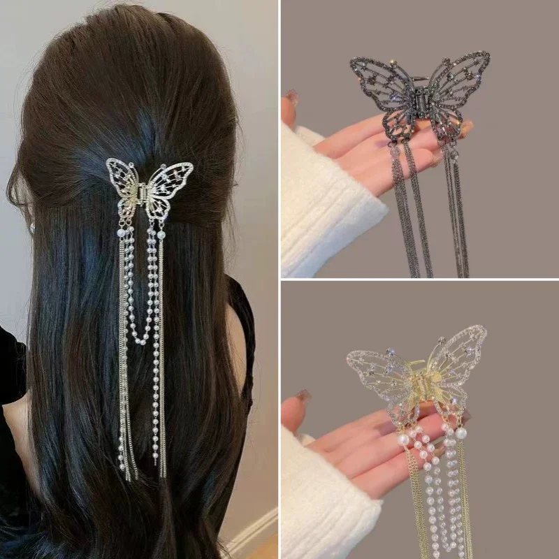 1-teiliger Haarschmuck mit hohler Diamant-Schmetterlingsquaste, Perlenkette auf der Rückseite des Kopfes, Halteklammer aus Zinklegierung, Hai-Clip