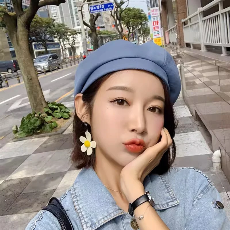 레저용 팔각형 모직 베레모, 한국 버전, 패셔너블하고 다목적, 심플한 블랙 화가 베레모, 영국 빈티지 모자, 편안함