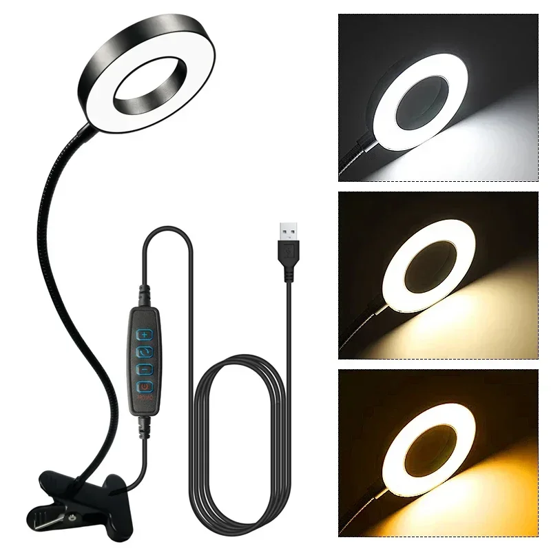 US Desk Lamp Tri colored light Clip Book Light Flexible Gooseneck Dimmable USB Reading Eye Protection study room Bedside Light