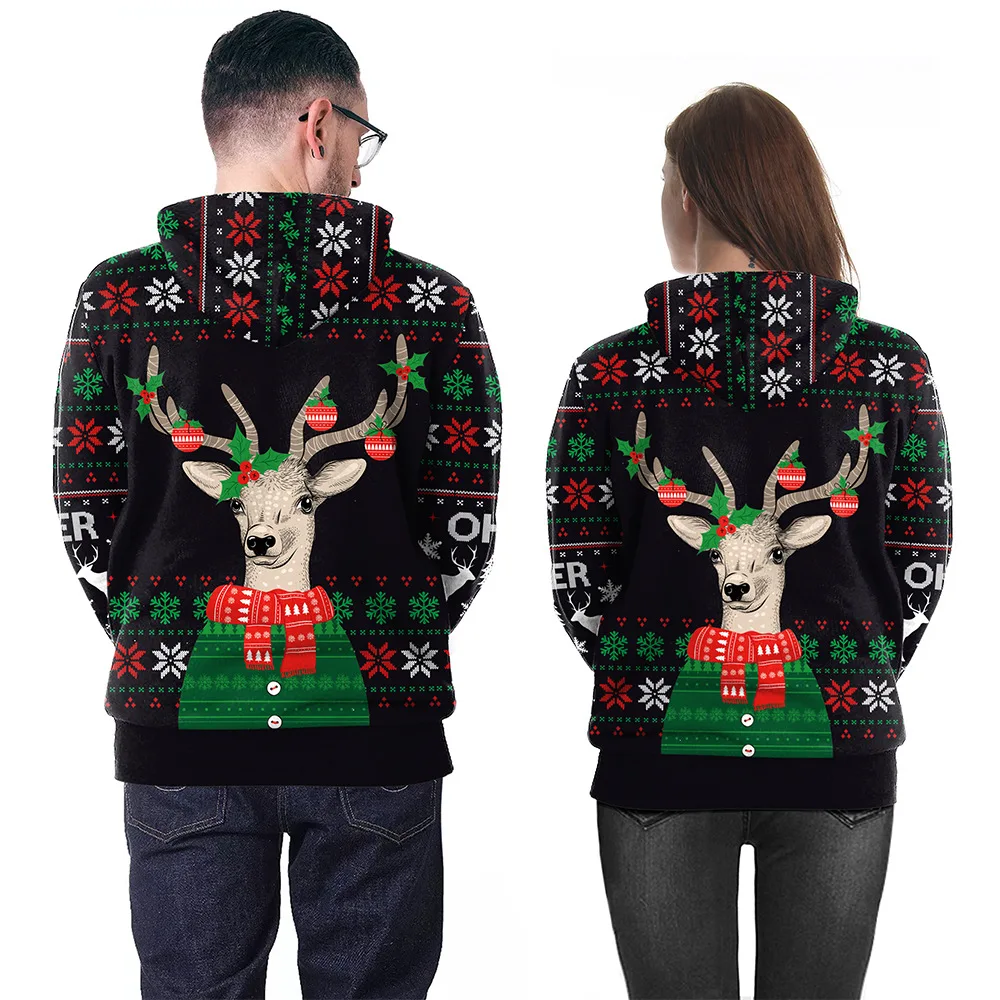 Elk Christmas Hoodies for Women Men 3D Print Hooded Pullover Casual Loose Streetwear Party Sweatshirt Pocket Oversized Clothes