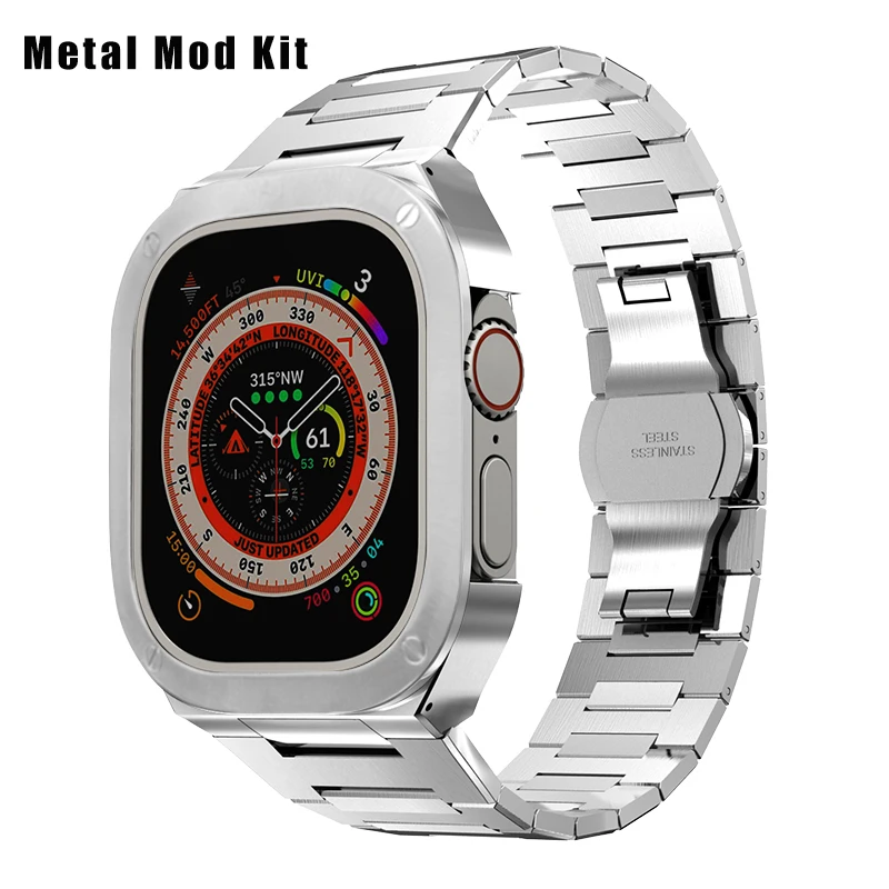 Lüks Metal Modifikasyon Kiti Apple Watch Ultra 49 MM Paslanmaz Çelik Kasa Kapağı IWatch 49 MM Kauçuk Kayış Bandı Tamir MOD_voghion.com