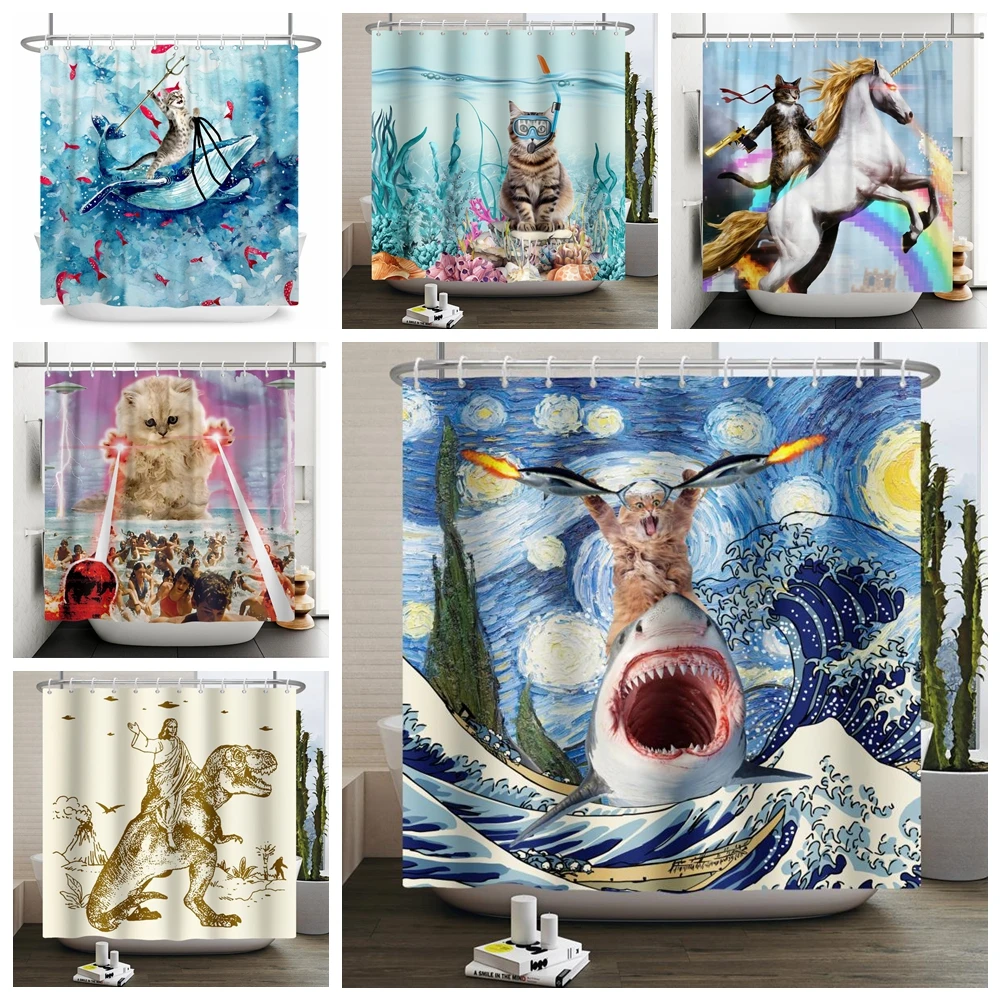 Hero Great White Shark With Gun Cat Funny Shower Curtain For Bathtub Cover Bathroom Cover Bathing 12pcs Hooks shower curtains
