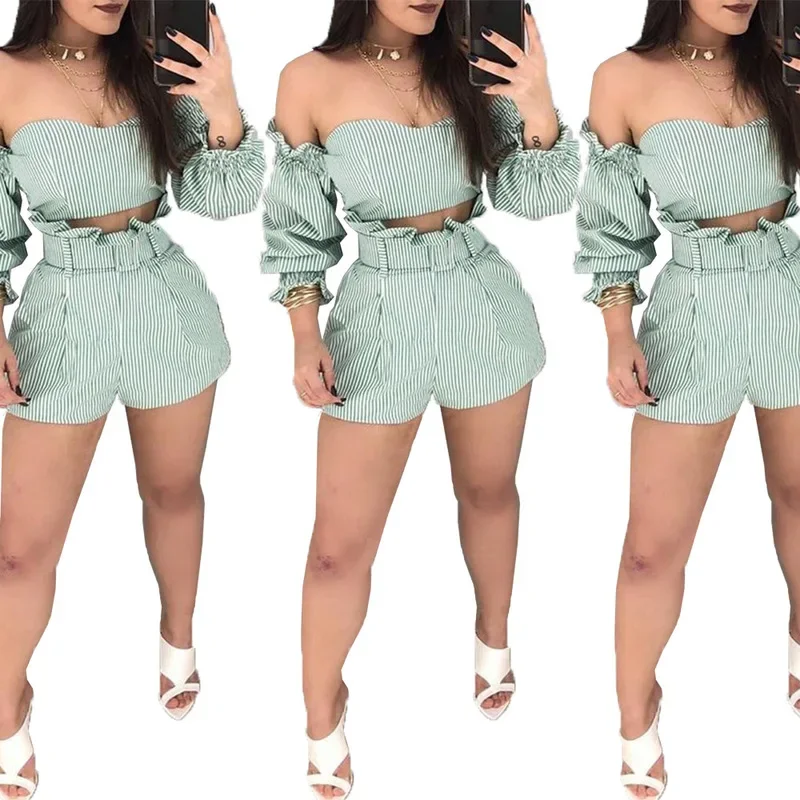 Sexy Club Women Fashion Shorts Set Ruffle Green High Waist Stripe Pants Set 2 Piece Outfit Sets Beachwear Casual Summer Shorts
