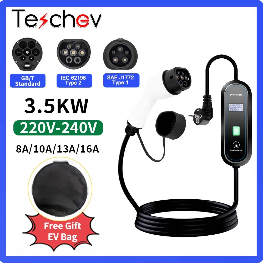 

Teschev 220V EV портативное зарядное устройство type 2 J1772 type 1 GBT зарядное устройство кВт 8A 10A13A 16A регулируемый ток Электрический контроллер для автомобиля