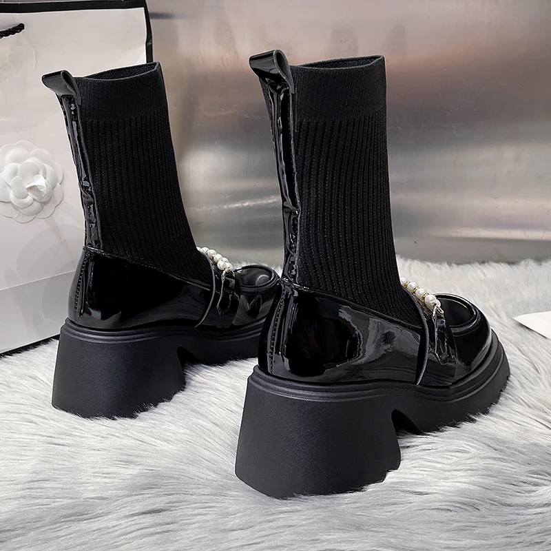 Aphixta Black 6.5cm High Heels Modern Boots Pearl Design Platform Ankle Boots Women Sock Boot Sweet Student botas mujer botines