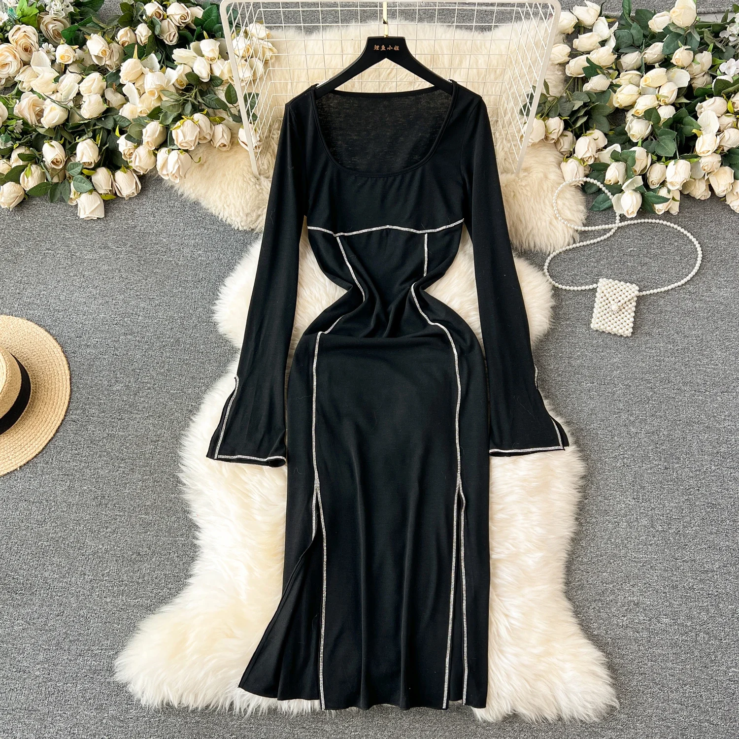 

VANOVICH Europe and America Style Luxury Dress Autumn 2023 New Women's Sexy O-neck Temperament Waist Slim Design Pullover Dress