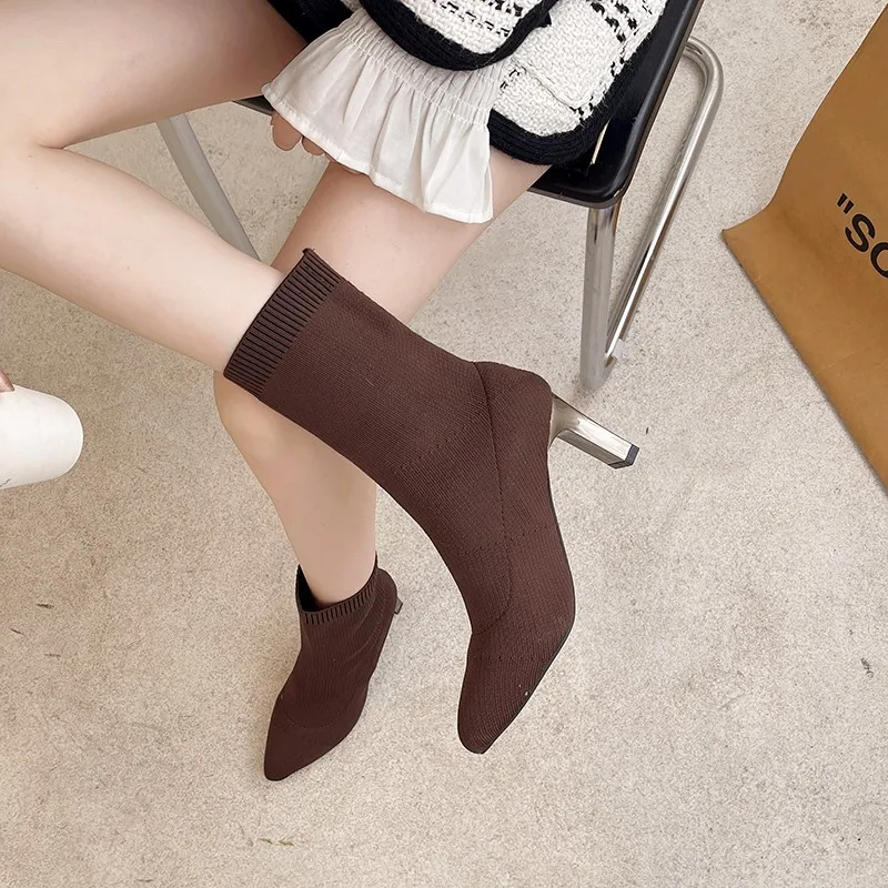 Women Boots New Winter Women's Shoes Knitted Mid-calf Socks Boots Pointed Toe Stiletto Elastic Designer Women's Boots 35-40