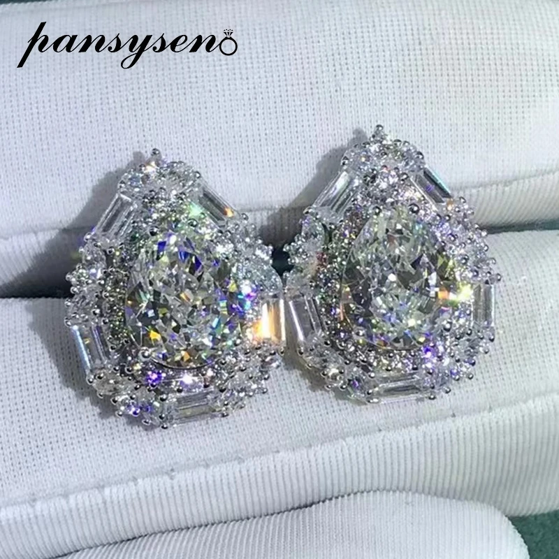 

PANSYSEN 100% 925 Sterling Silver 4CT VVS 3EX Water Drop Simulated Moissanite Diamonds Wedding Party Fine Jewelry Stud Earrings