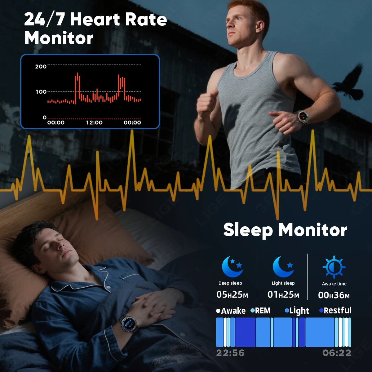 LIGE 2025 New Military Smart Watch With Flashlight UV Lamp Men 5ATM Waterproof 525mAh Battery Outdoor Sports Fitness Smartwatch