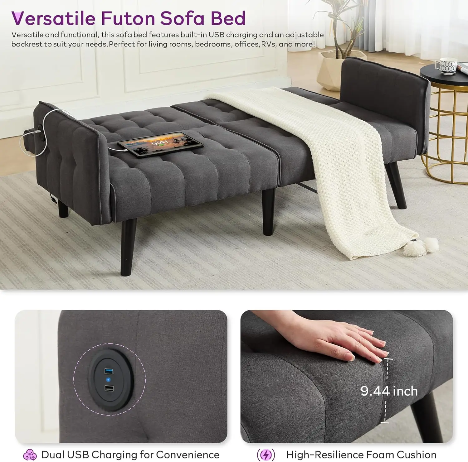 65“ Convertible Futon Sofa Bed w/ 2 USB, Upholstered Tufted Small Adjustable Folding Couch Loveseat, Modern Mid Century Sleeper